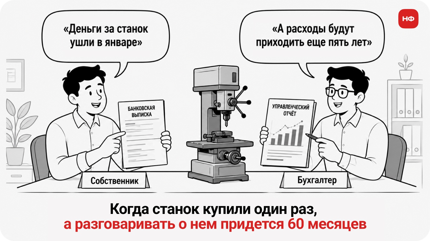 мем про то, что амортизация распределяет стоимость станка по месяцам после покупки