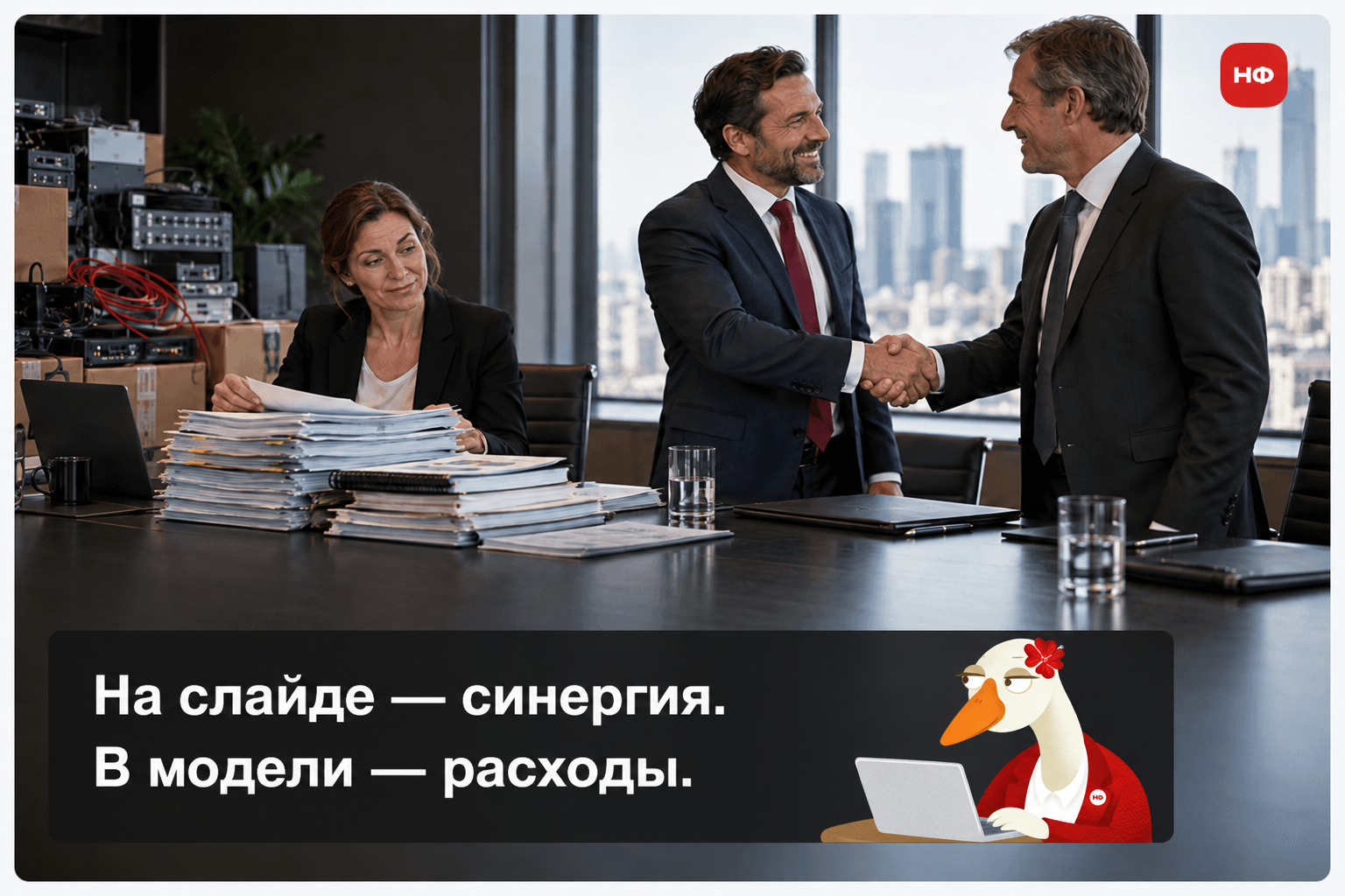 Руководители заключают сделку, пока финансовый директор оценивает расходы на интеграцию