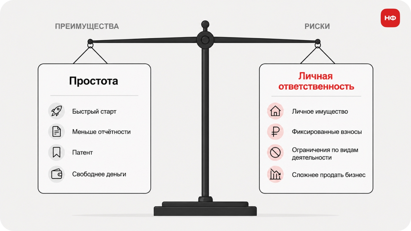 инфографика преимуществ и рисков статуса индивидуального предпринимателя