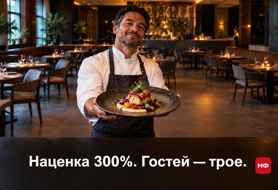 Шеф-повар показывает блюдо в почти пустом ресторане; высокая наценка не компенсирует низкий спрос