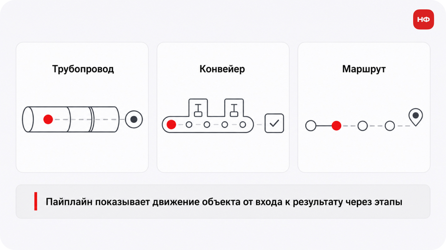 инфографика с тремя метафорами пайплайна в бизнесе