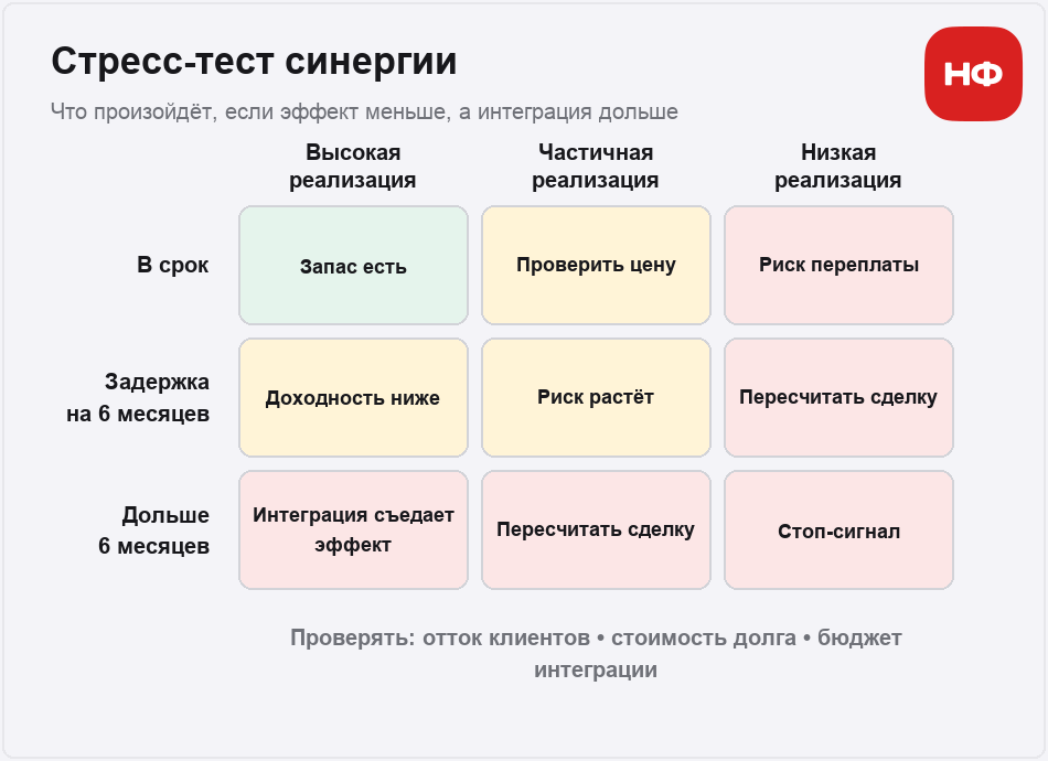 Матрица показывает, как снижение реализованной синергии и задержка интеграции повышают риск сделки M&A